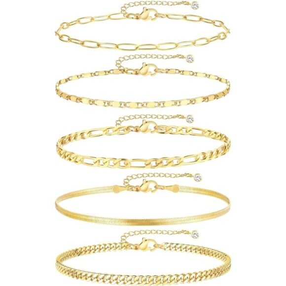 Gold Anklet Set for Women Waterproof Layered Cuban Chain Adjustable Jewelry - Picture 1 of 6